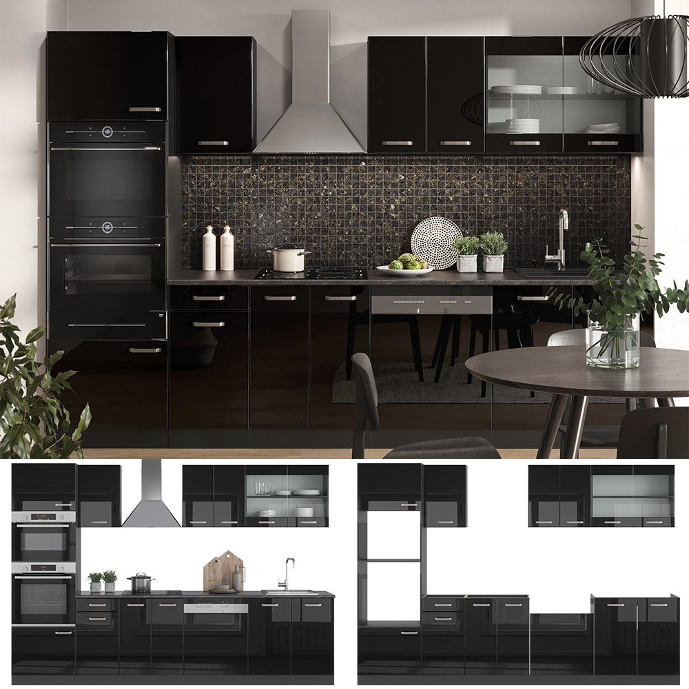 Vicco Cucina componibile Nero lucido/antracite 300 cm con armadio alto, PL Marmo