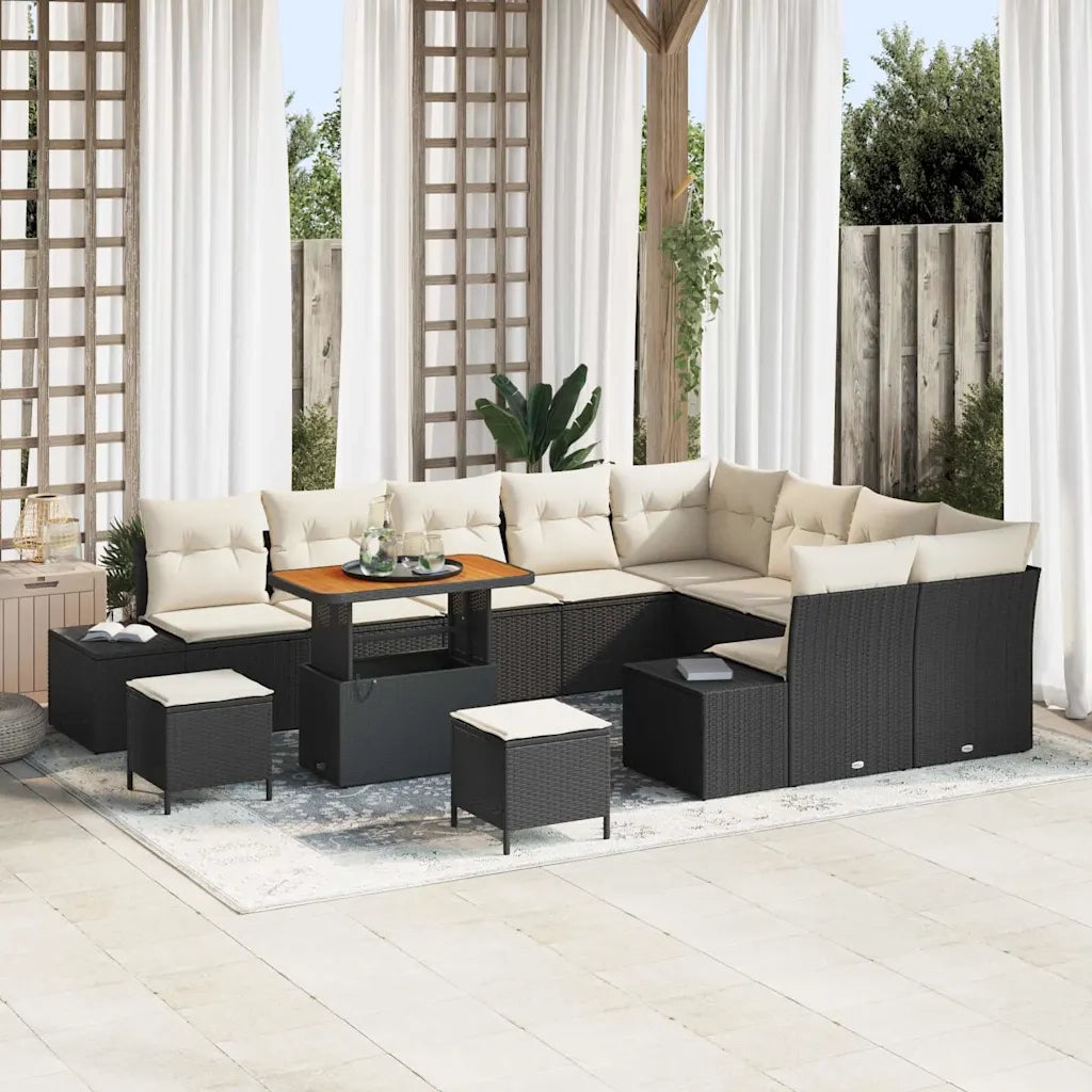 Set Divano da Giardino con cuscino 12 pcs Nero Poly Rattan