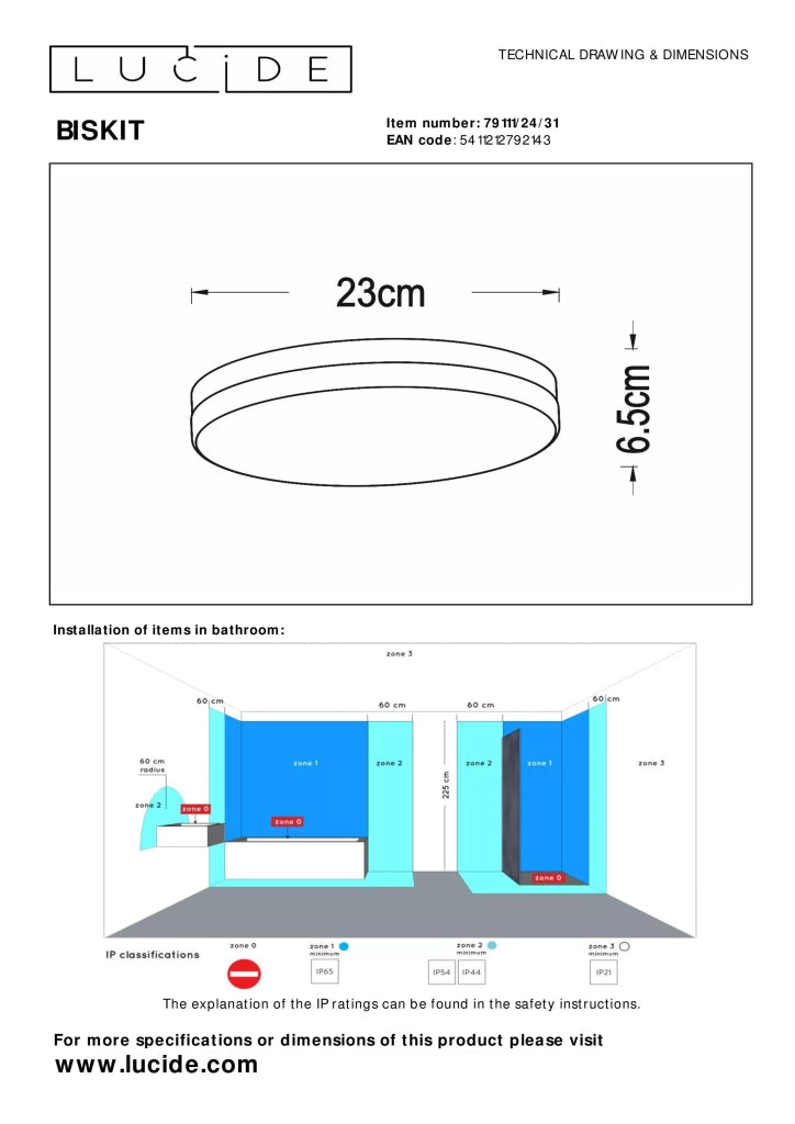 Plafoniera bagno tonda 23cm LED 12W bianca Lucide Biskit