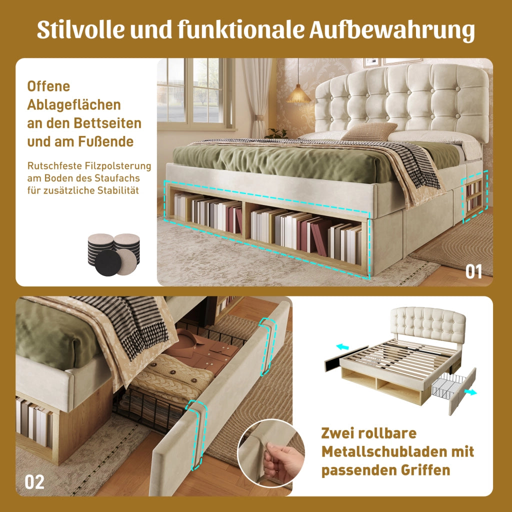 LETTO imbottito 140x190 cm in velluto beige con testiera regolabile e cassetti