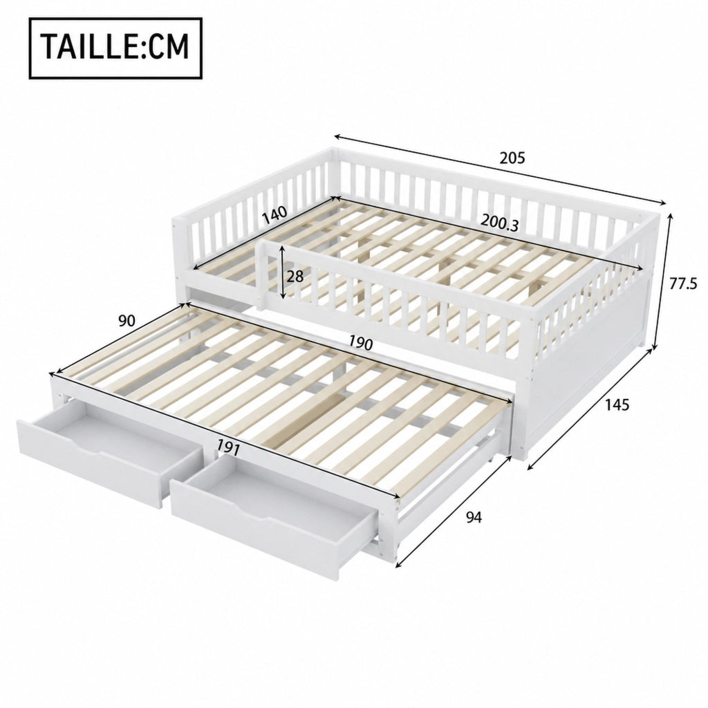 DESMIU Letto 140 × 200 cm con letto estraibile, 2 cassetti, senza materasso, in legno, bianco