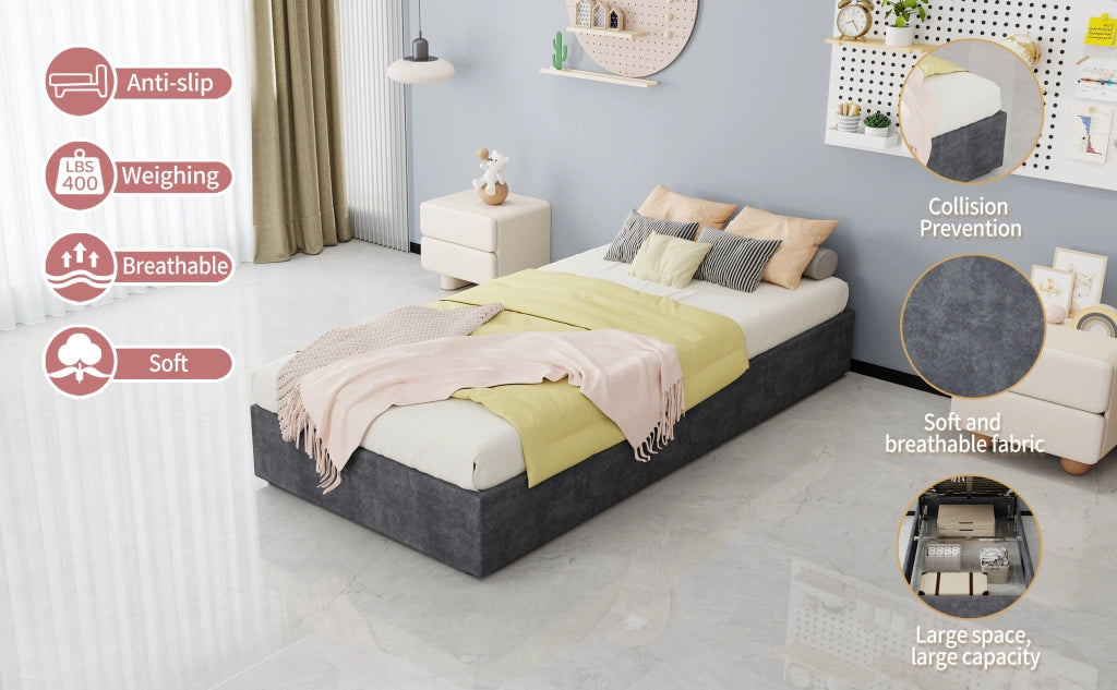 DESMIU Letto singolo 90 × 200 cm con struttura in metallo, senza testiera né materasso, grigio