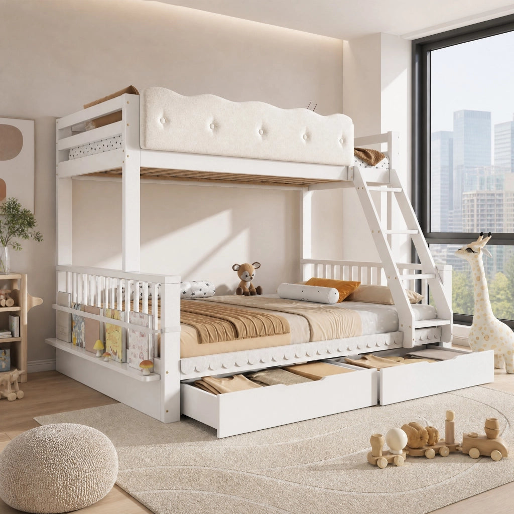 Letto a castello 90×200 cm e 140×200 cm con 2 cassetti e portariviste; senza materasso; legno; bianco