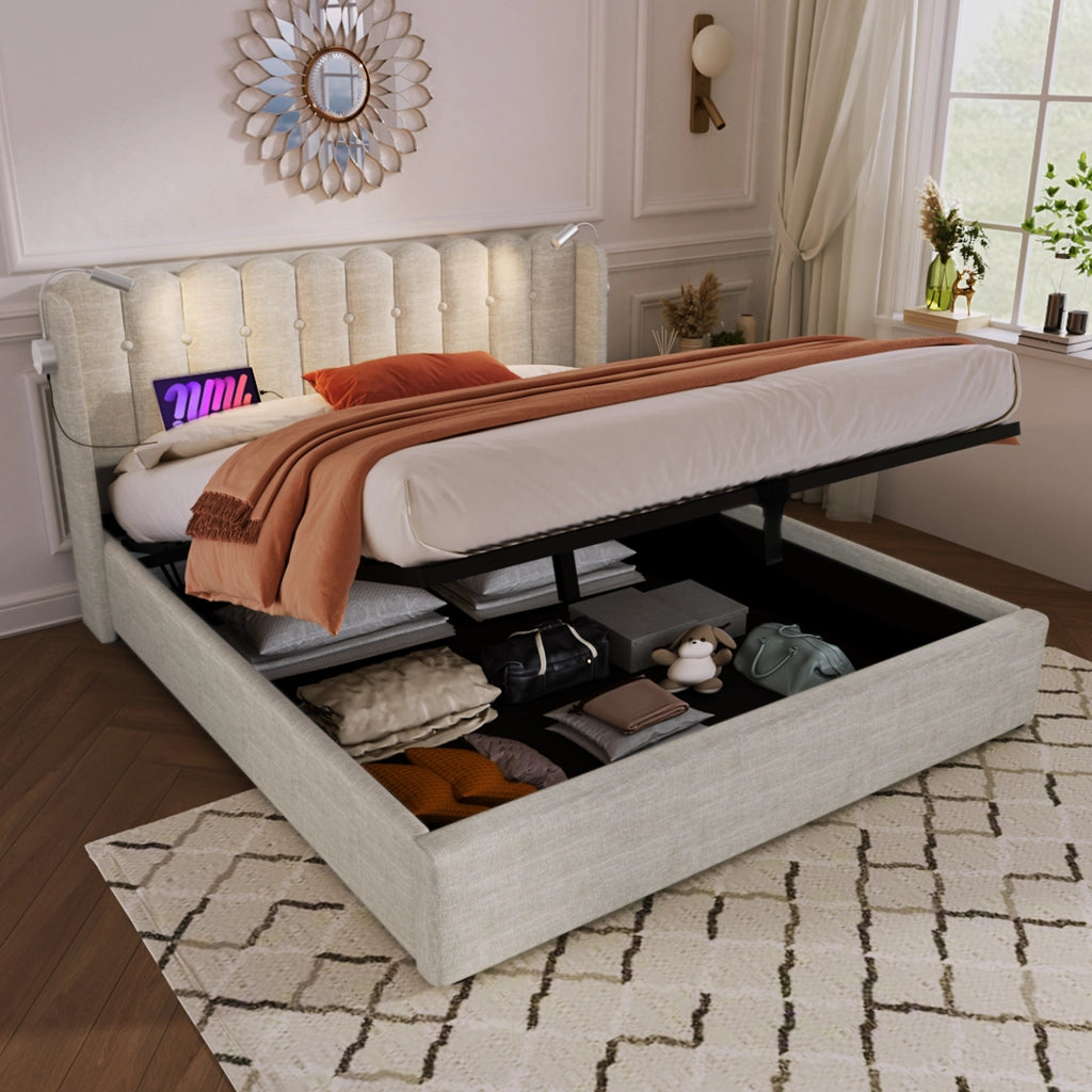 letto imbottito lino beige 140 x 200 cm