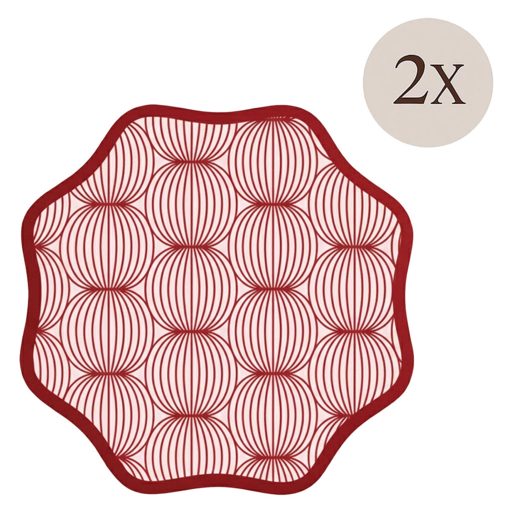 Kalp, Tovaglietta Americana set da 2, Bordo Ondulato, Fantasia Geometrica a Cerchi Intrecciati Made in Italy, 40x40 cm Rosso
