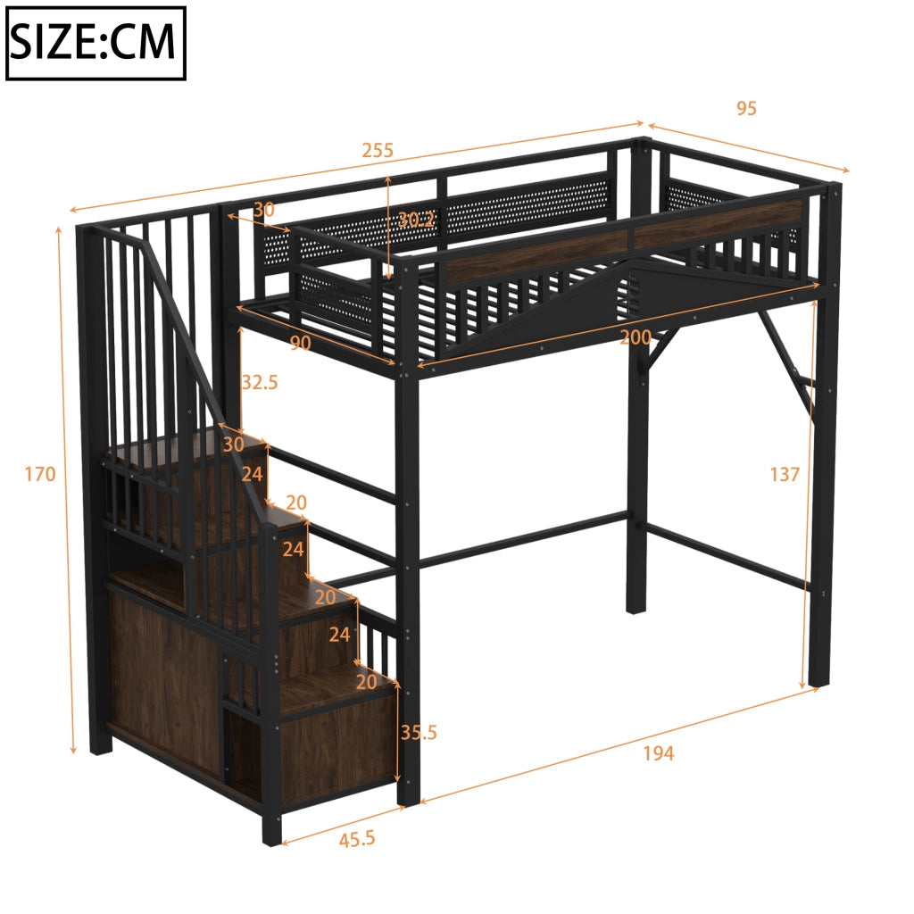 Letto a soppalco in metallo con scala contenitore; protezione a finestra e spazio sotto il letto; nero; 90x200 cm; senza materasso