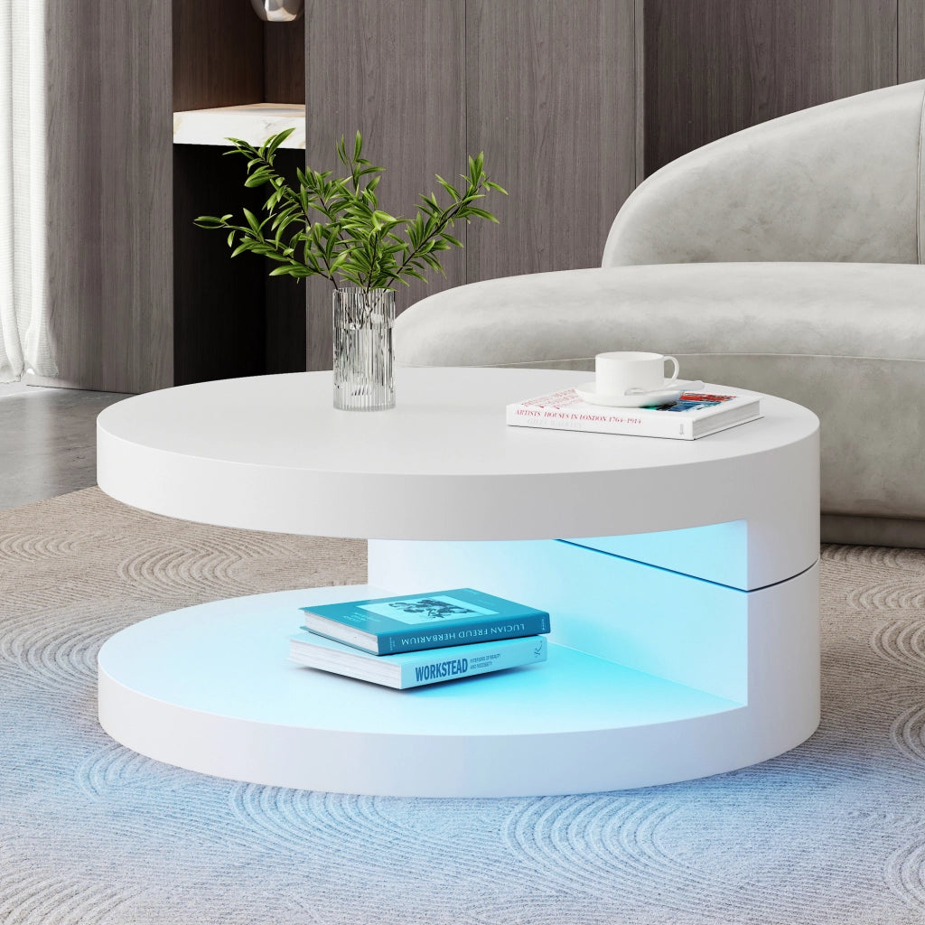 Tavolino da caffè rotondo 70x70x35,5 cm girevole a 360° con LED, struttura a doppio livello, MDF, bianco