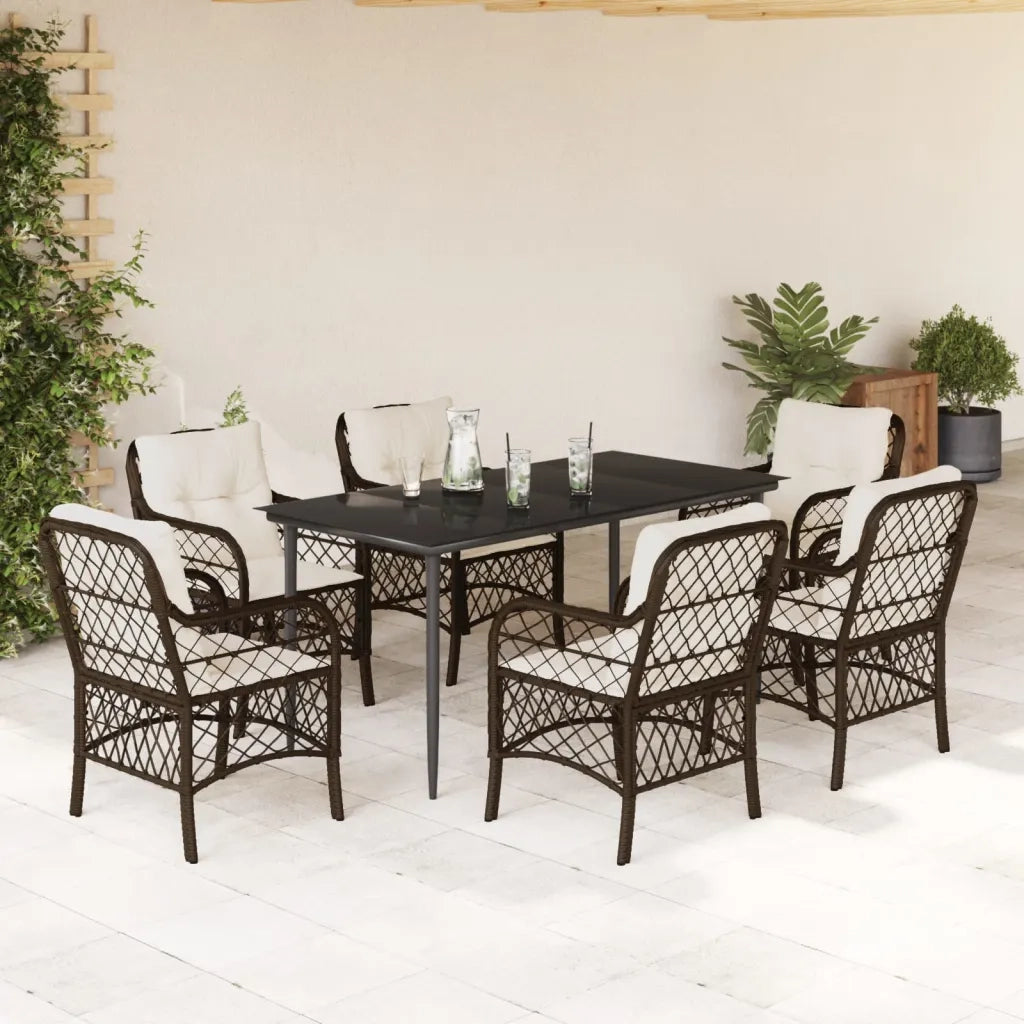 Set da Pranzo da Giardino 7pz con Cuscini in Polyrattan Marrone