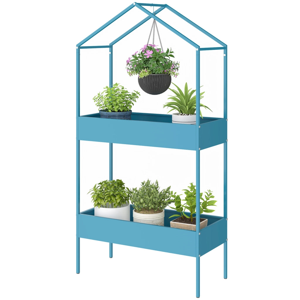 Scaffale Piante 2 Livelli ¨C Xylo ¨C Metallo Forma Casa Blu-Verde