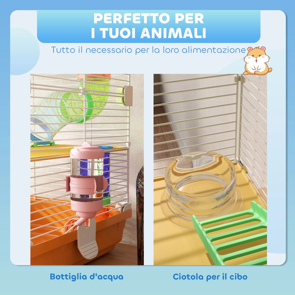 Gabbia per Criceti a 5 Livelli con Tubi, Ruota, Scale, Casetta e Bottiglia ¨C Minimal ¨C 46x30x58 cm, Arancione
