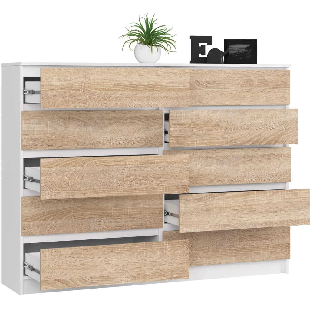 Cassettiera AKORD K160 Bianca 160 cm 10 cassetti inserto frontale Sonoma Quercia 160x40x121 cm