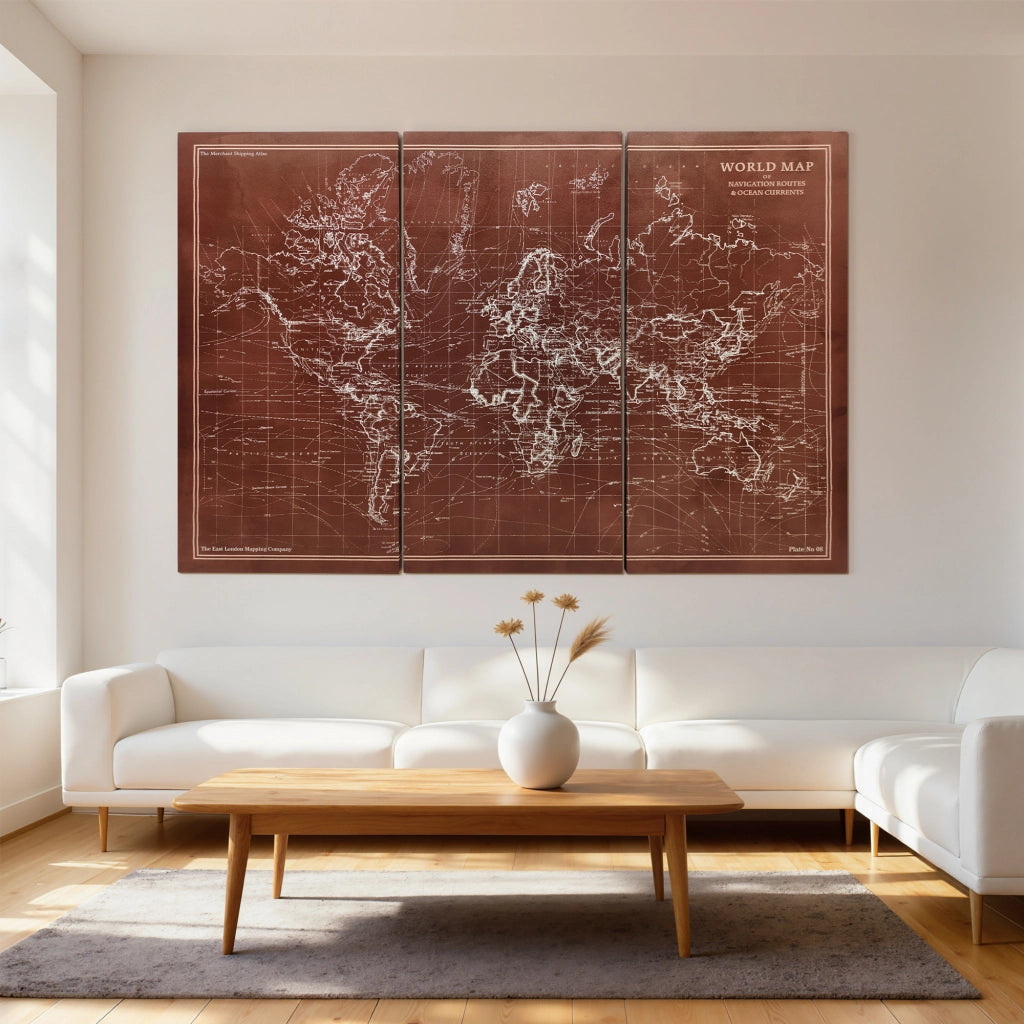 Quadro Triptico Mappamondo Vintage ¨C Zephmum ¨C 120x60 cm Marrone Legno