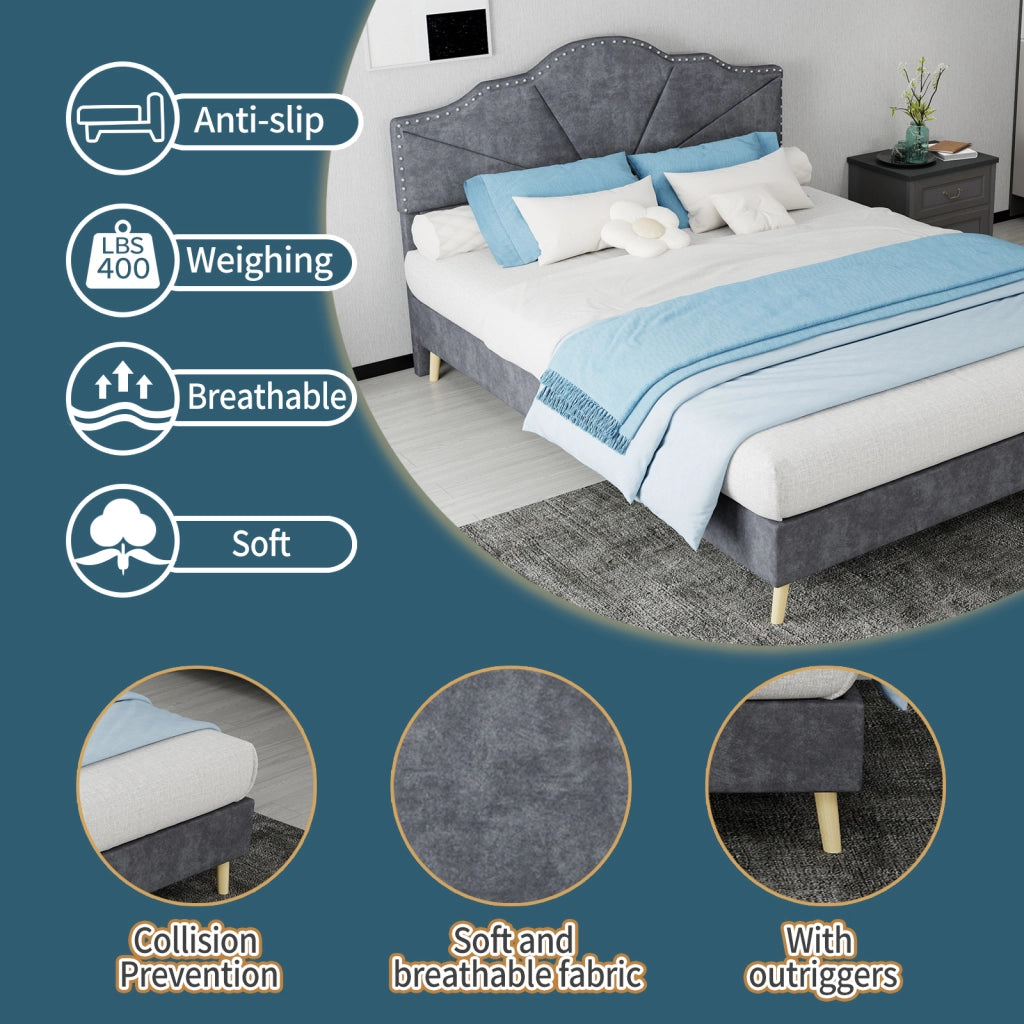 DESMIU Letto 140 × 200 cm 2 posti con testiera geometrica, senza materasso, in tessuto e metallo, grigio