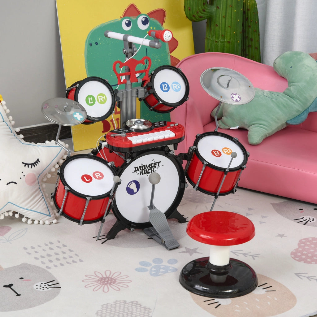 Batteria per Bambini con 4 Tamburi, Microfono, Piatti, Bacchette e Tastiera ¨C Minimal ¨C Rosso