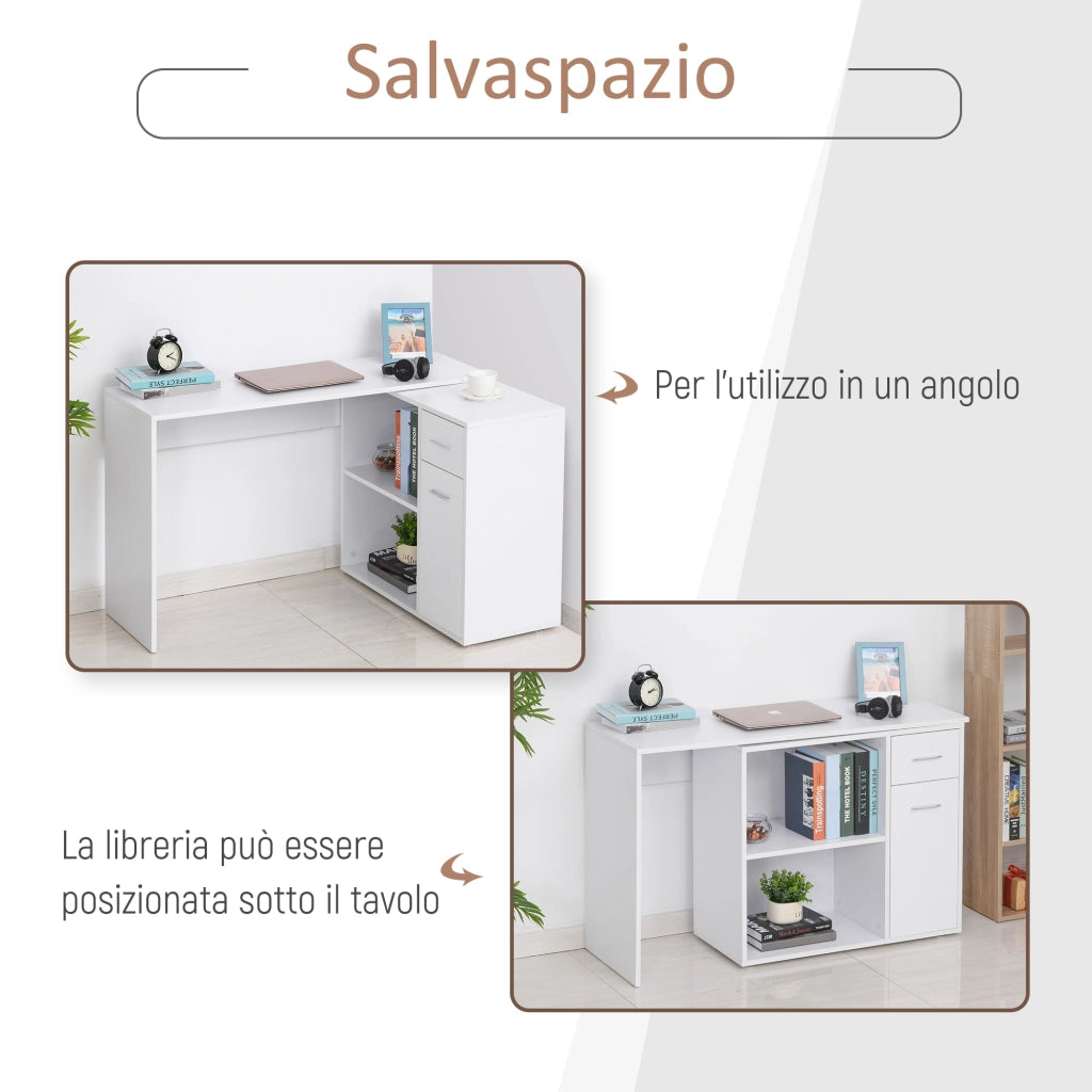 Scrivania Angolare con Libreria in Legno Bianco ¨C Minimal ¨C 173x39.8x74 cm