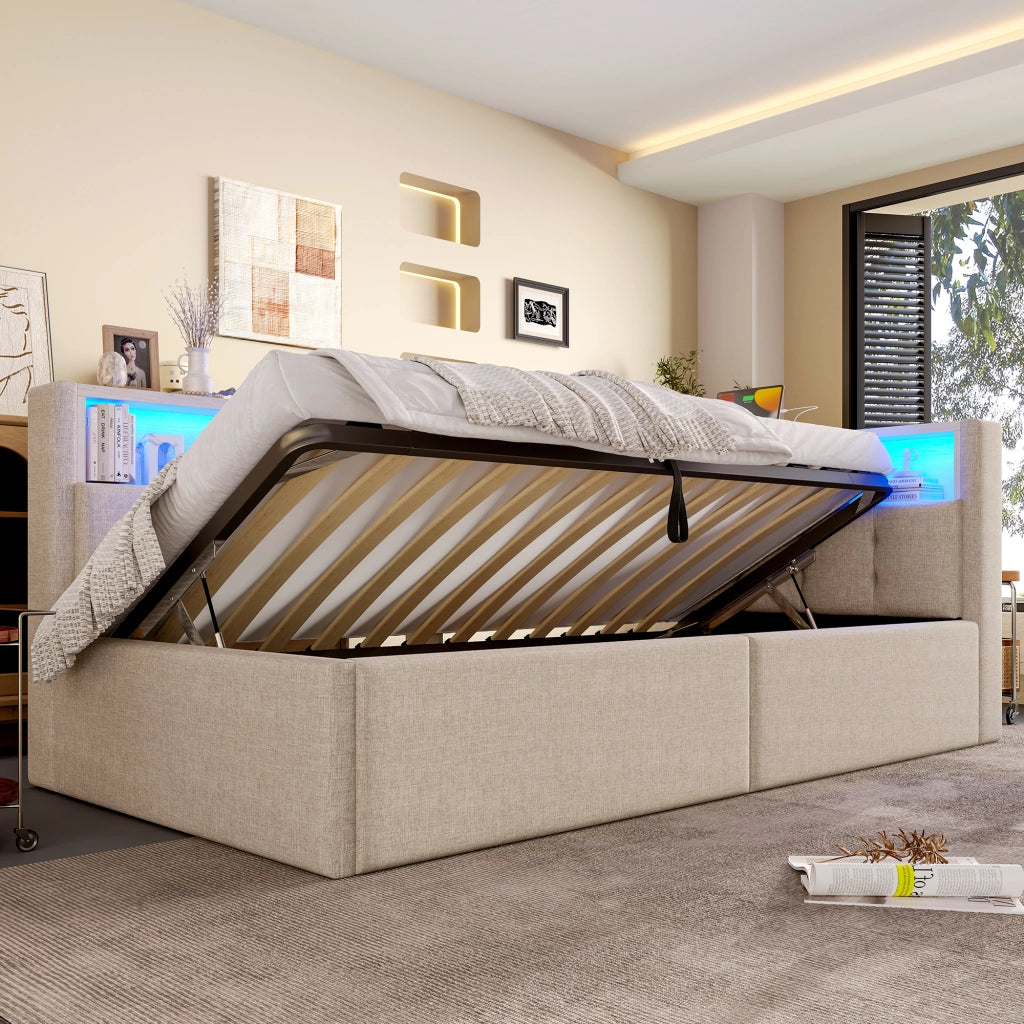 DESMIU Letto divano 90 × 200 cm 1 posto con LED regolabile, USB, Type-C e contenitore idraulico, senza materasso, beige