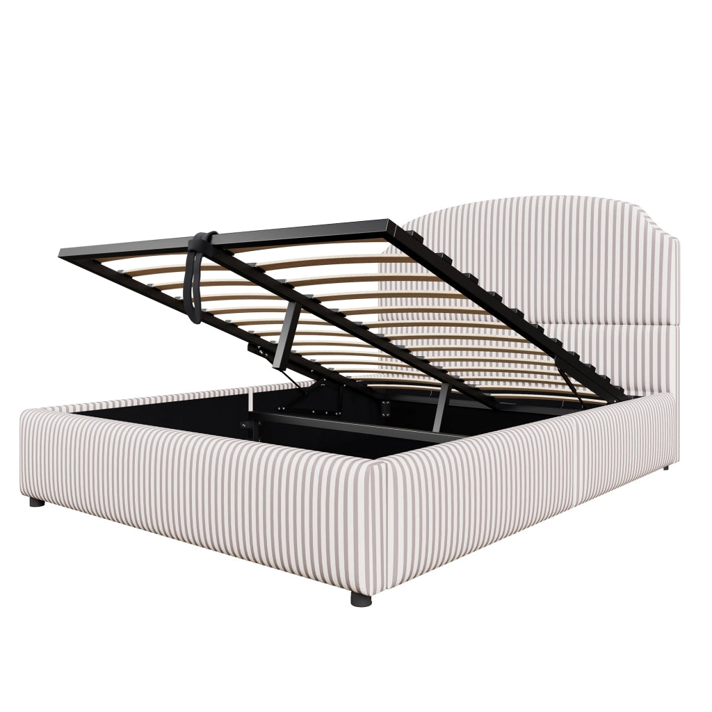DESMIU Lit contenitore 140 × 200 cm 2 posti con vano idraulico e testiera, senza materasso, in tessuto rigato bianco e antracite