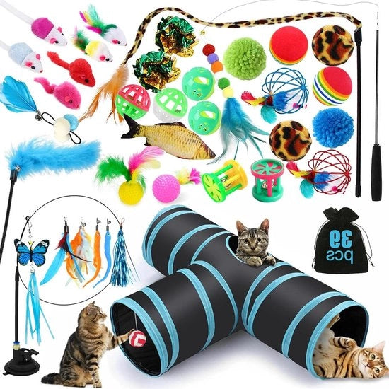 Set di Giocattoli Interattivi per Gatti - 39 pezzi con Tunnelli - Palline - Giochi di Riflessione - Toppe per Gatti