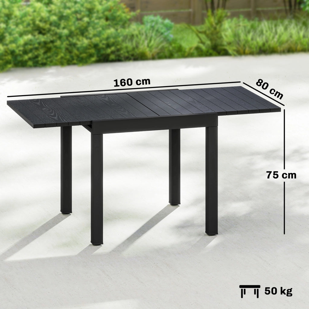 Tavolo da Giardino Allungabile per 4-6 Persone con Piano a Doghe, in Alluminio, 80/160x80x75 cm, Nero
