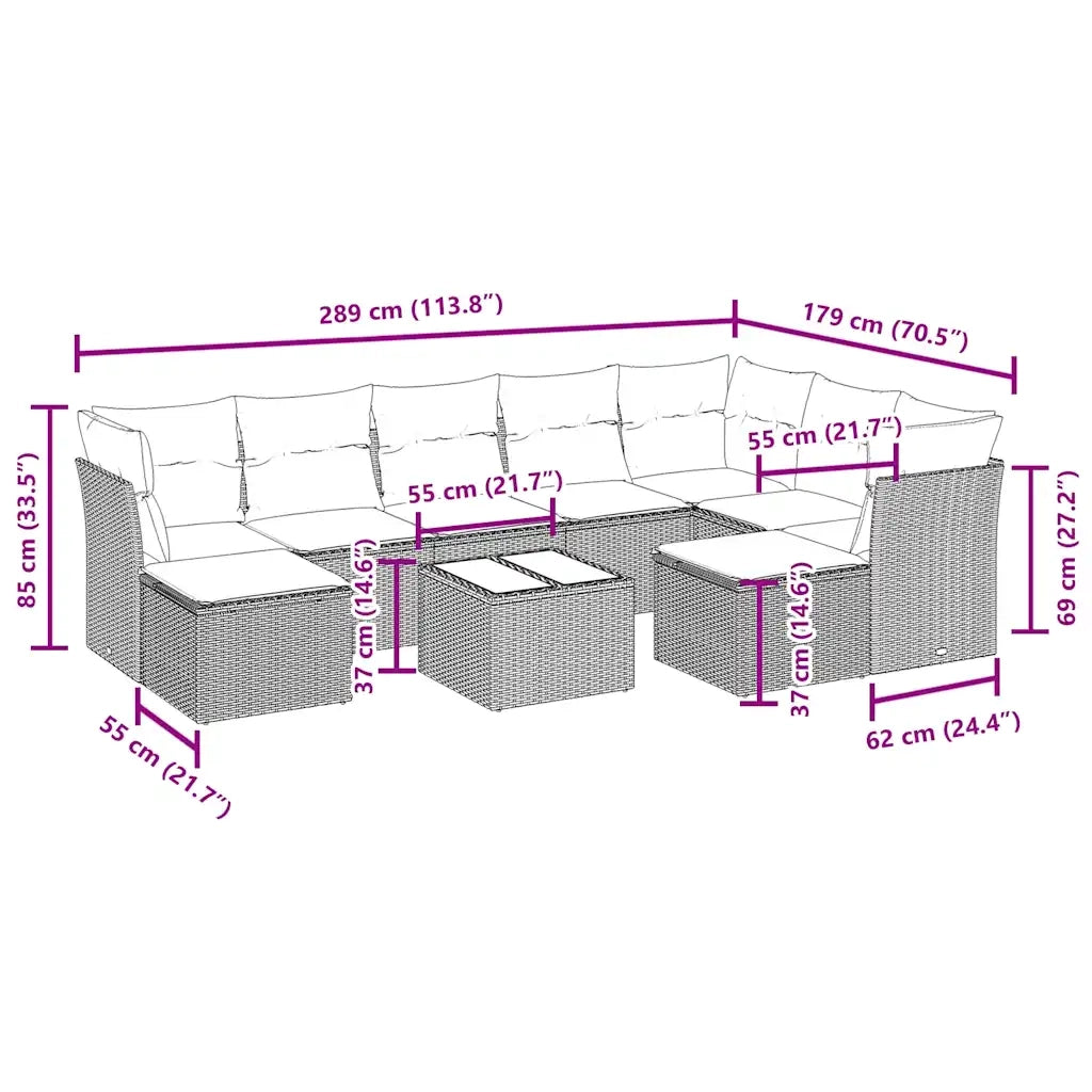 Set Divani da Giardino 10pz con Cuscini in Polyrattan Nero 3250415