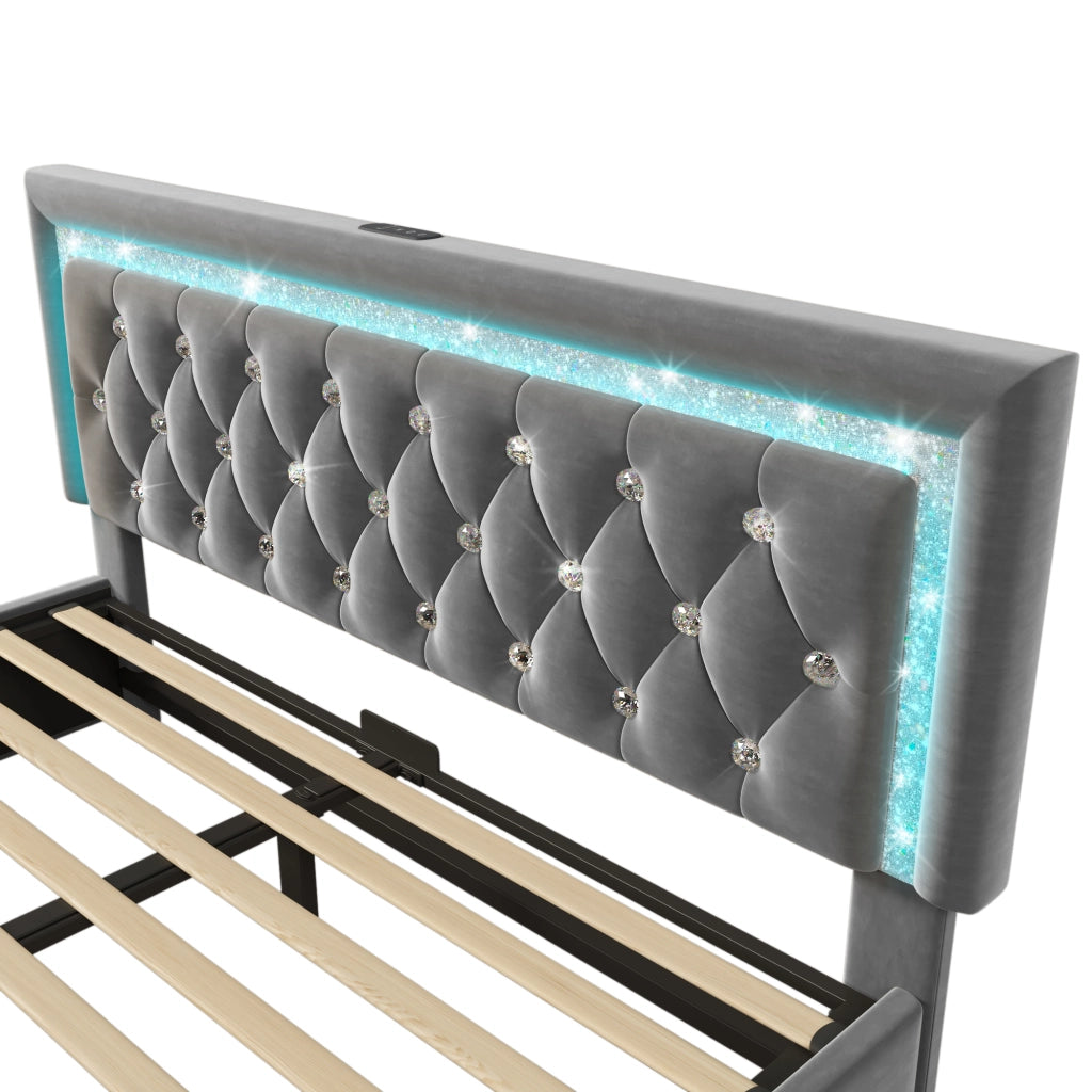 Letto imbottito 140x200 cm in velluto grigio con LED, ricarica USB e Type-C, contenitore idraulico e rete a doghe