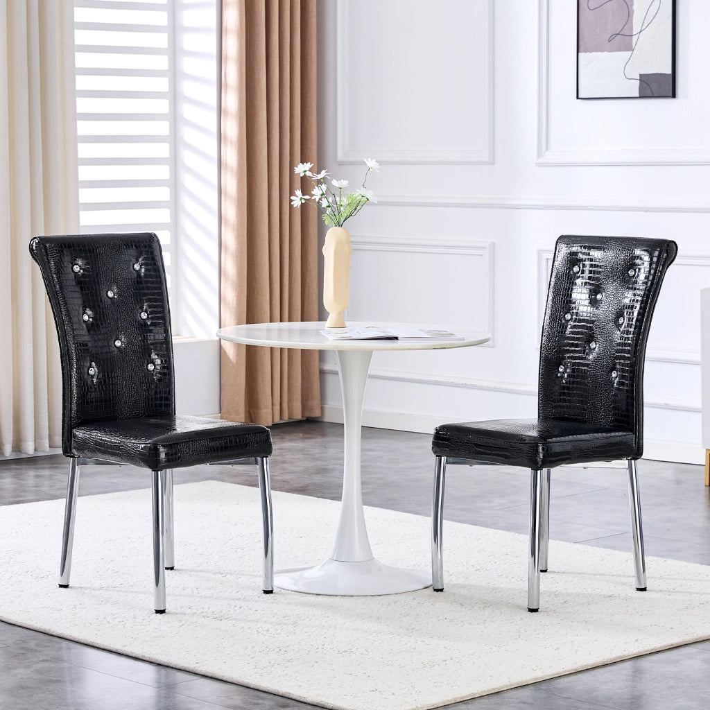 Sedie da pranzo, 2 pezzi in finta pelle effetto alligatore con bottoni in cristallo e gambe in metallo galvanizzato nero, 76 × 49,5 × 46 cm