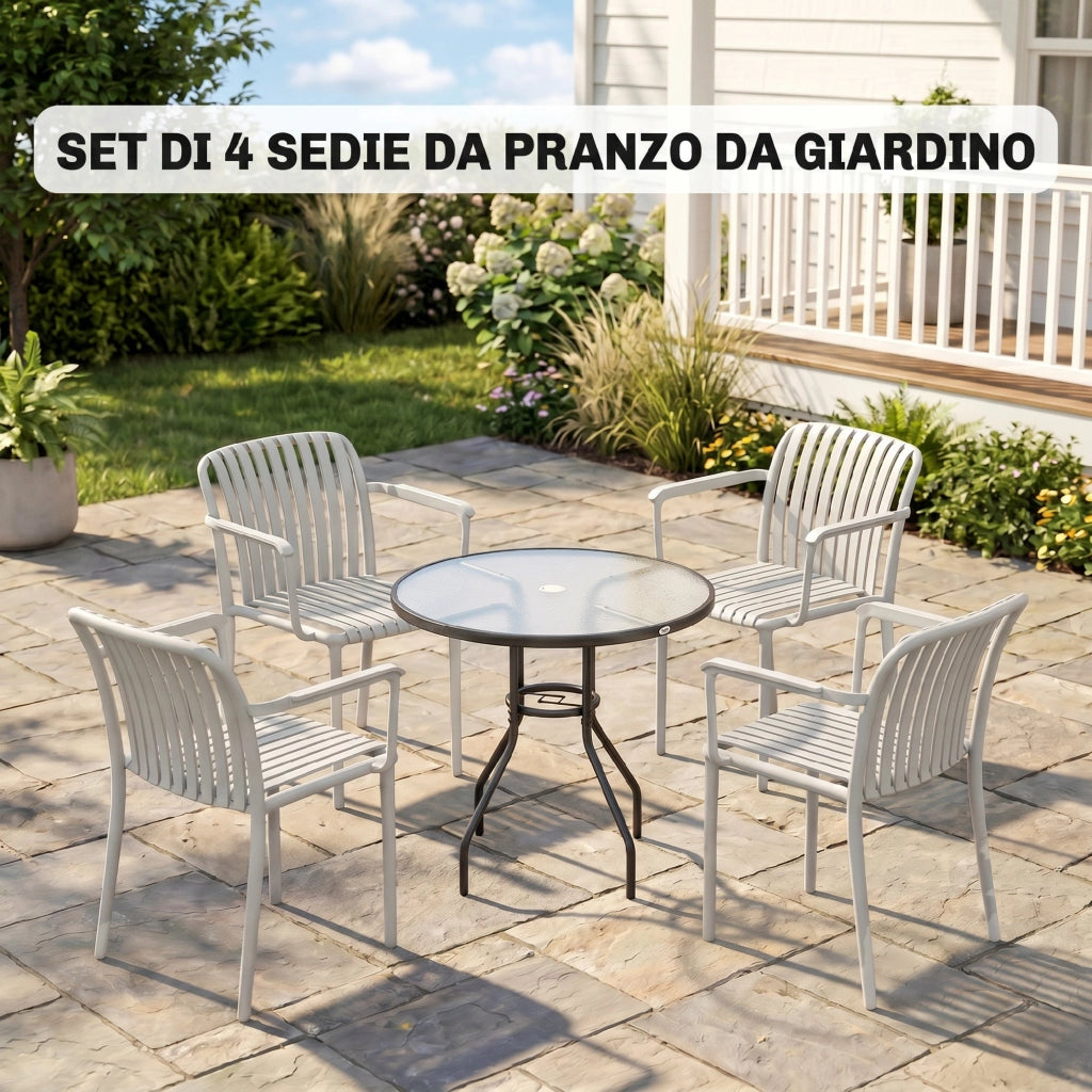 Set di 4 Sedie da Giardino Impilabili con Braccioli. Design a Doghe in Plastica. Grigio