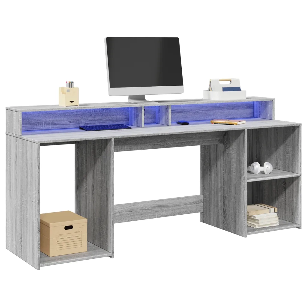 Scrivania | Tavolo da Ufficio con Luci LED Grigio Sonoma 200x55x91cm in Truciolato