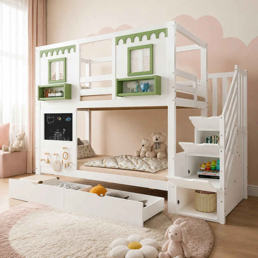 DESMIU Letto a castello bambino 90 × 200 cm con scala contenitore, 2 cassetti, senza materasso, in legno, bianco e verde