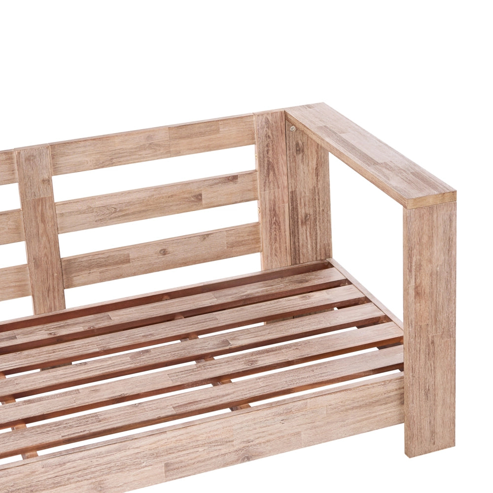 Set divano angolare da esterno in legno di acacia chiaro certificato, con cuscini bianchi set da salotto a 5 posti con disposizione a sinistra e tavolino