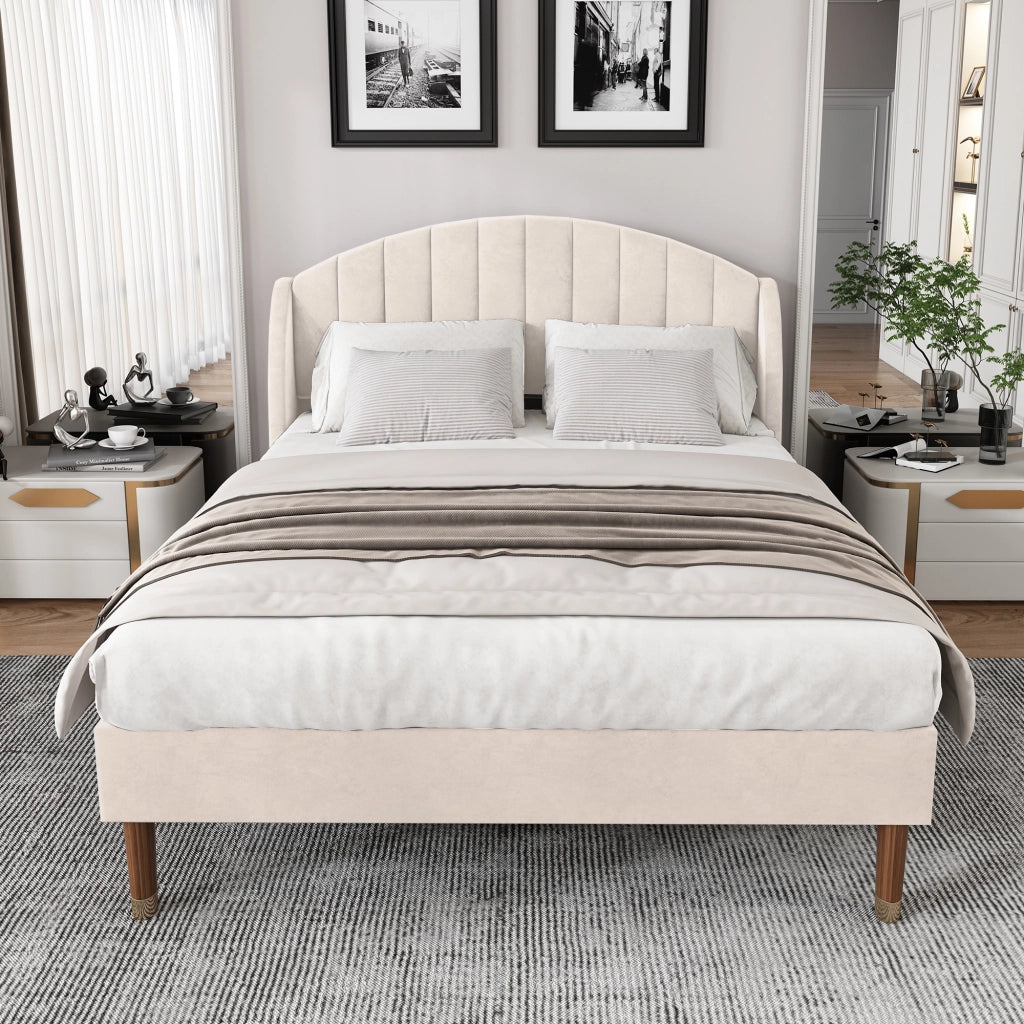 DESMIU Letto Matrimoniale Imbottito 2 Posti con Testiera Imbottita, Struttura Stabile, 140 × 190 cm, Senza Materasso, Beige