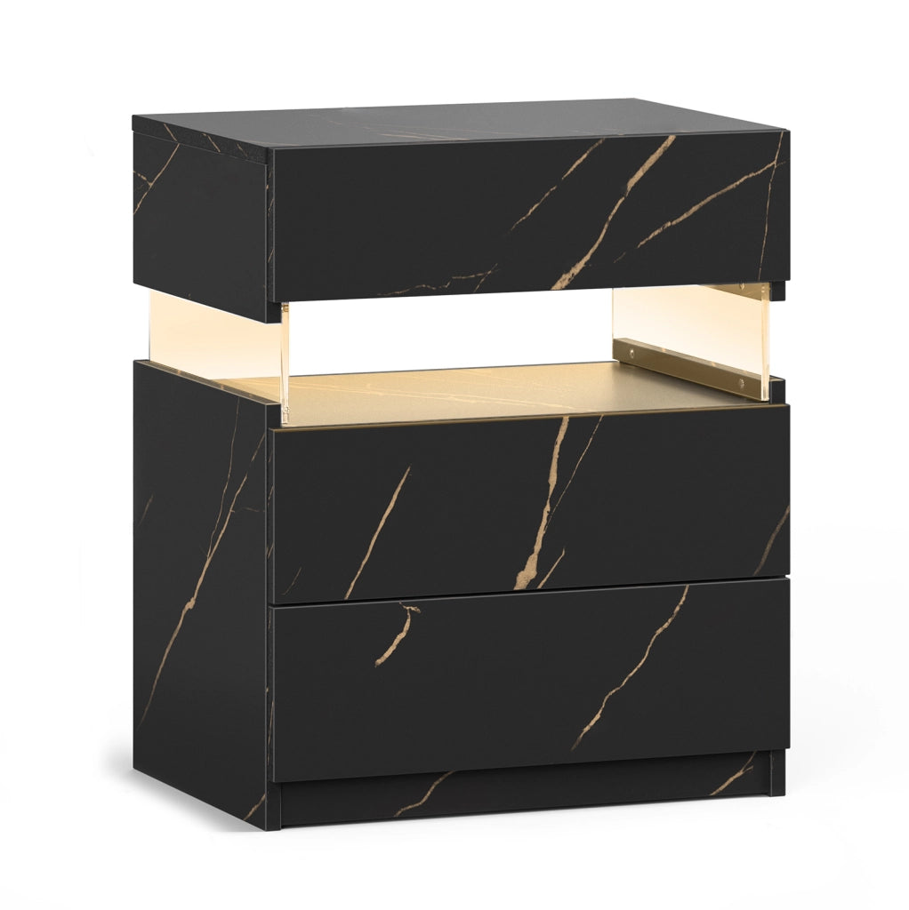 Comodino LED con 3 cassetti in legno ingegnerizzato nero e oro