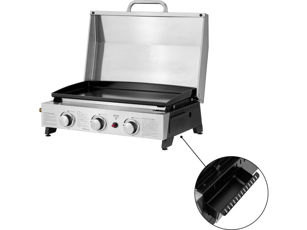 Piastra a gas con 3 bruciatori e coperchio in metallo "Fasto" - 7,5 kw - Grigio
