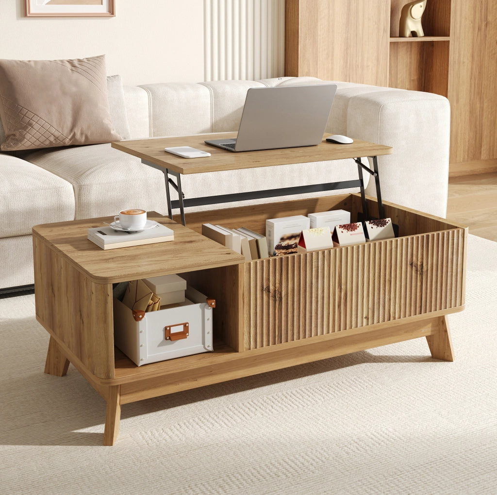 Tavolino da salotto con piano sollevabile 95x48x50 cm in MDF naturale; con vano portaoggetti