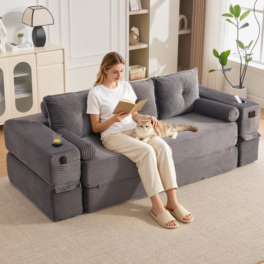 Divano Letto 3 Posti con Cuscini e Portabicchieri ¨C MINIMAL ¨C Tessuto a Coste
