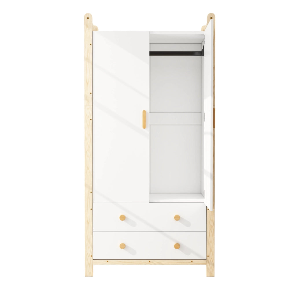 Armadio a 2 ante con barra appendiabiti e 2 cassetti in legno e MDF colore naturale e bianco