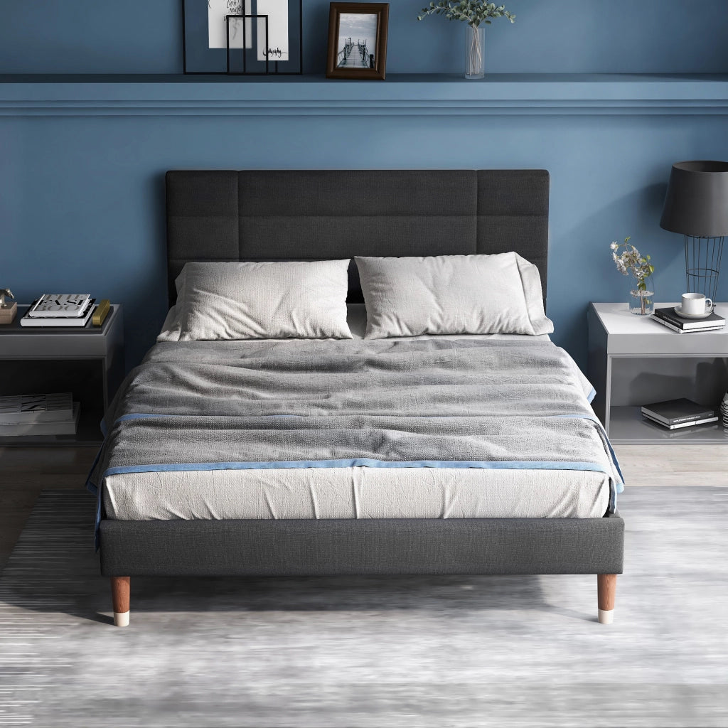 Letto matrimoniale imbottito di 140x200 cm in struttura a listelle di lino grigio scuro con testiera per adulti e adolescenti senza materasso