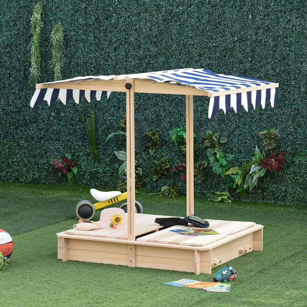 Arenero per Bambini con Tettoia Regolabile e Panche ¨C Zephmum ¨C 106x106x115 cm Legno Naturale
