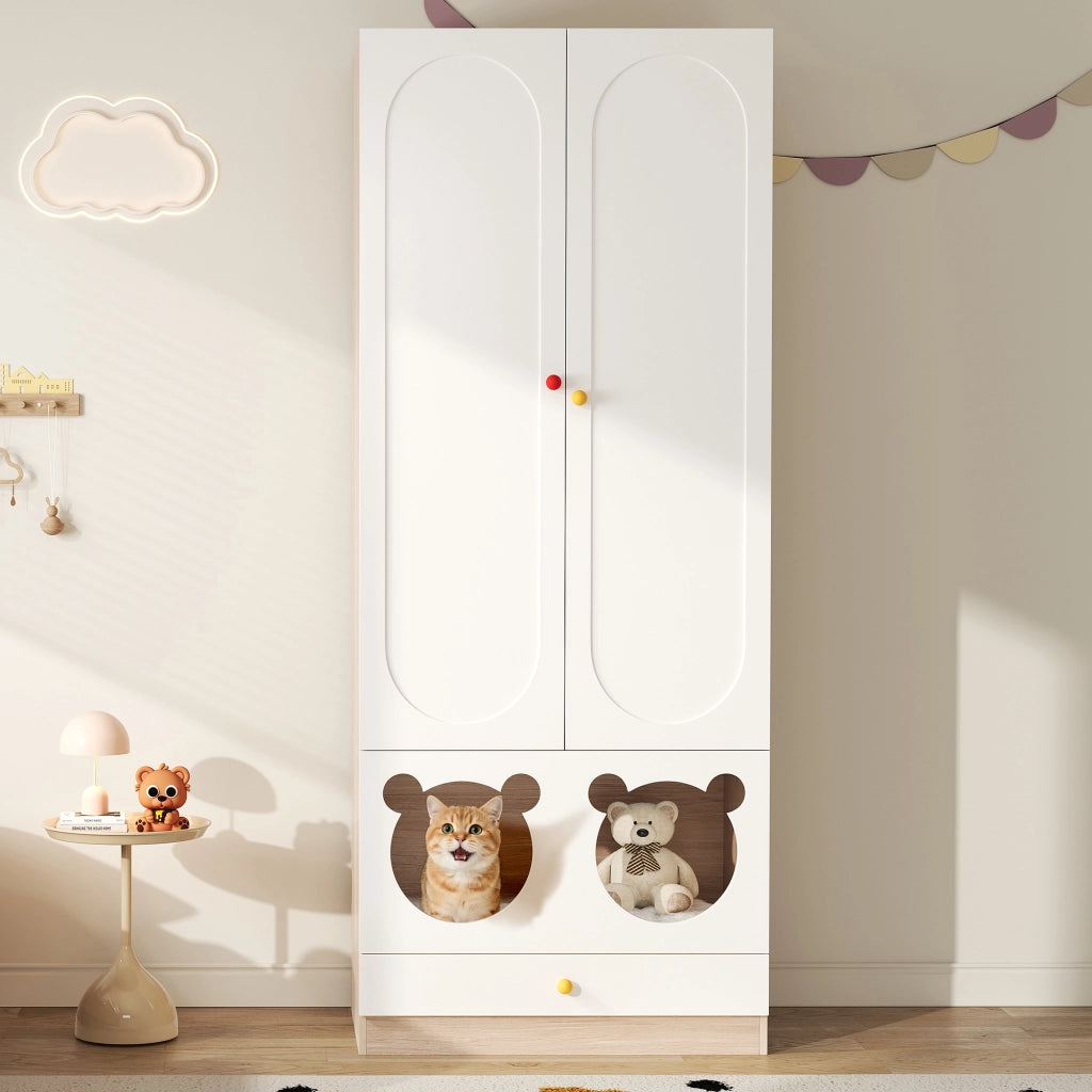 Armadio con 2 ante, appendiabiti, ripiani e cassetti laccati per cameretta, MDF bianco naturale, 80 × 50 × 200 cm