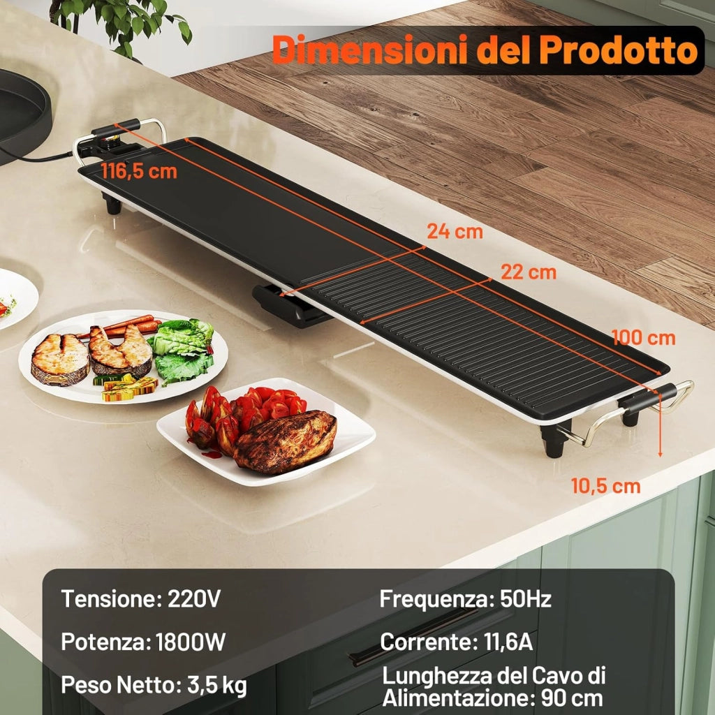 1800W Griglia Elettrica, Griglia Antiaderente da Banco con Temperatura Regolabile, Termostati e Vassoio di Sgocciolamento, per Interni e per Esterni (100 x 22 cm)