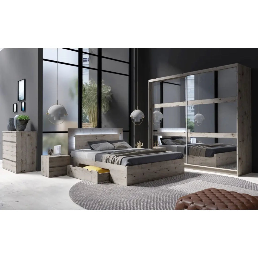 Letto VELTIS 180x200 cm con testiera LED - Colore quercia Wellington - Rete e materasso non inclusi