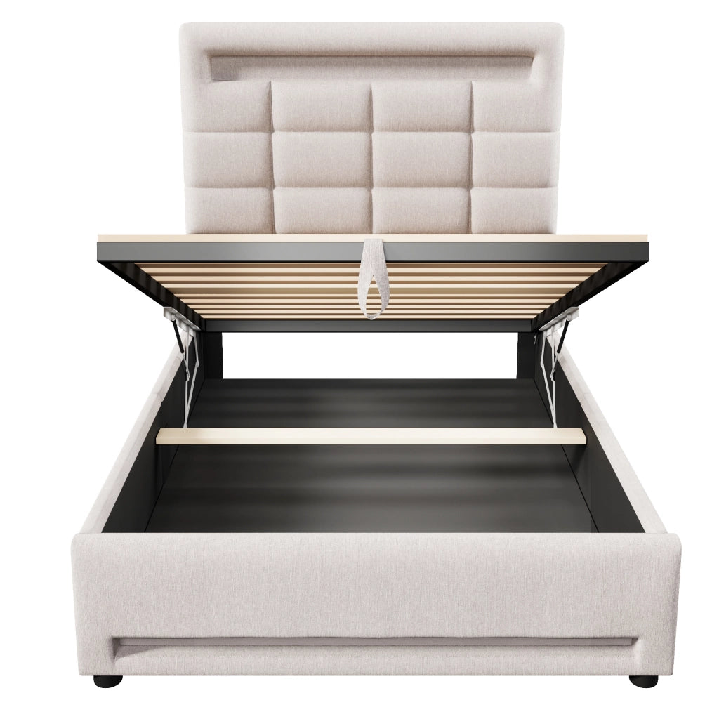 Letto imbottito 90x200 cm con LED APP, USB e contenitore idraulico
