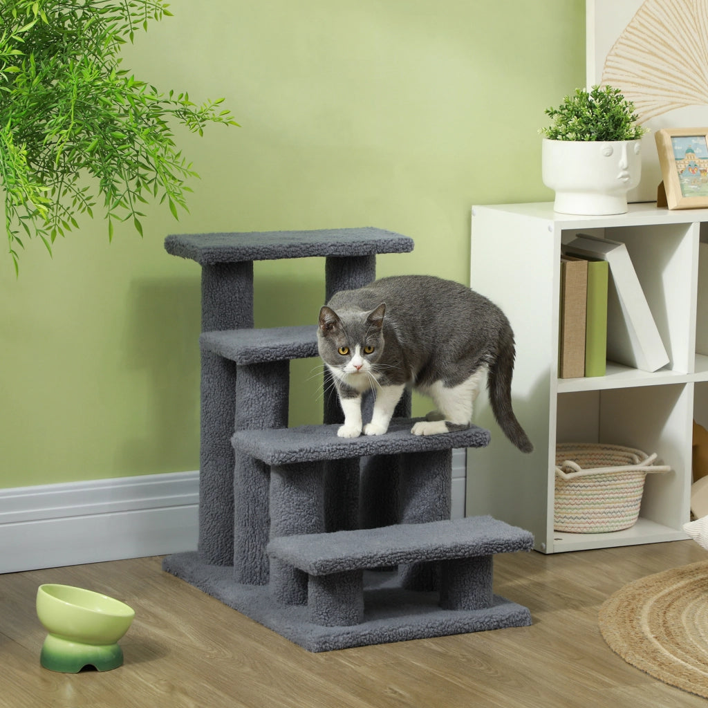 Scaletta per animali domestici, scaletta per gatti, scaletta per cani, 4 gradini, grigia, 63,5x43x60 cm, per gatti e cani, ideale per animali anziani