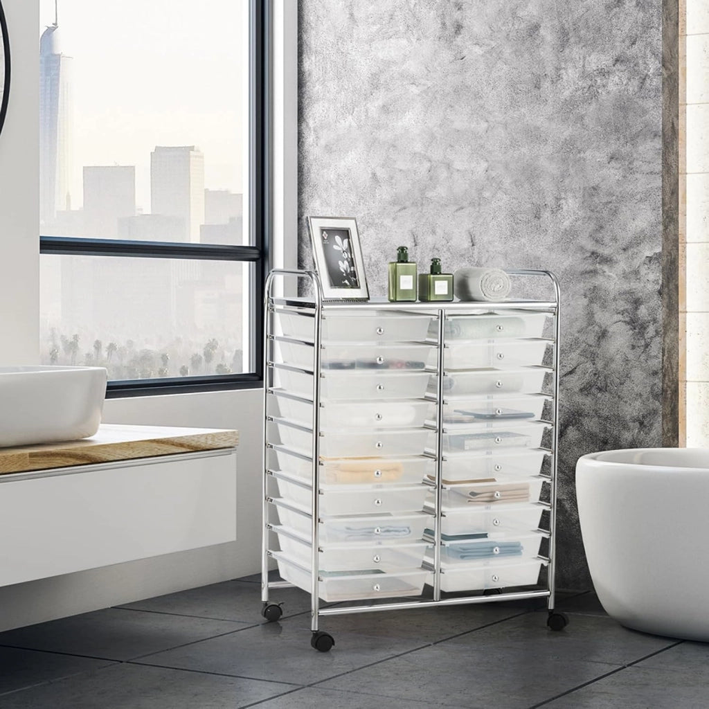 Carrello di Stoccaggio con 20 Cassetti, Carrello portaoggetti con 4 Ruote, Carrello Multiuso per Scuola Ufficio Cucina, 64 x 39 x 88 cm (Trasparente)