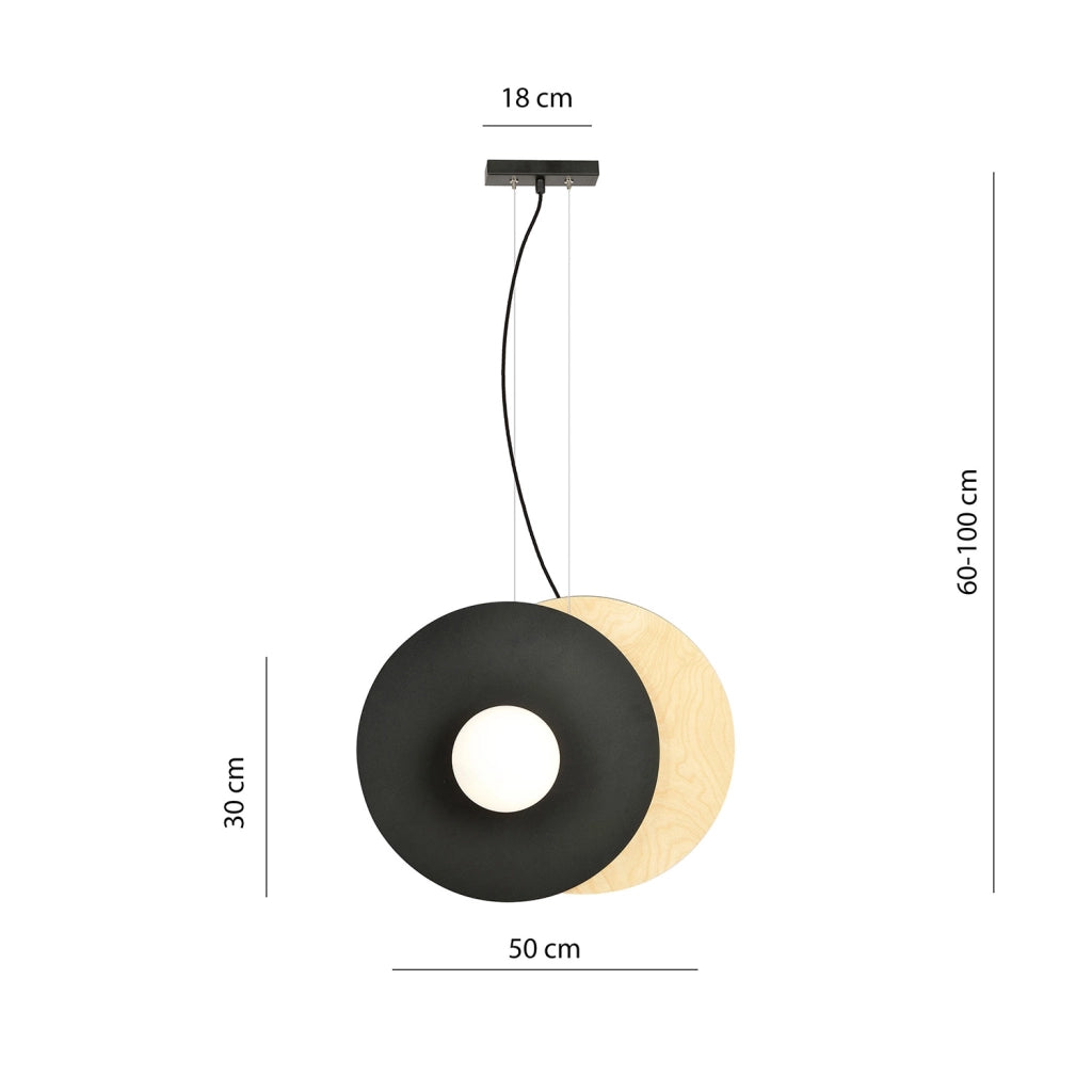 Sospensione Minimal Nordica Soho 2 Luci In Acciaio Nero E Legno Vetro Bianco