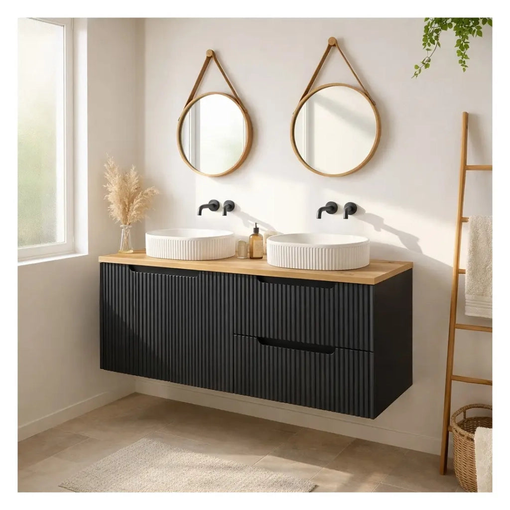 Insieme VANO 120cm: mobili sotto lavabo con cassetti e armadietti + piano per lavabo + due lavabi da appoggio scanalati