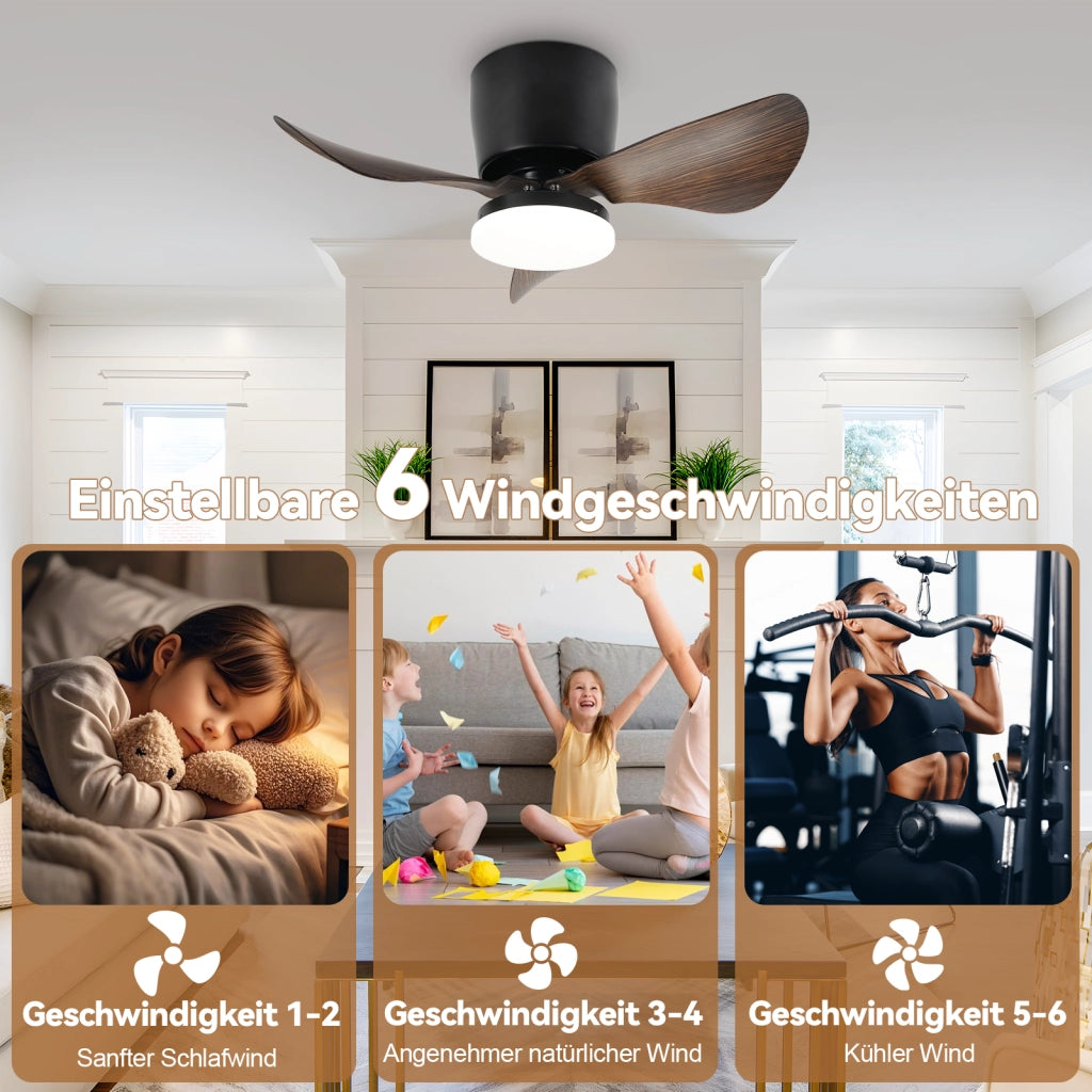 ZMH Ventilatore da soffitto nero con illuminazione e telecomando silenzioso dimmerabile 23W con ventola 70CM