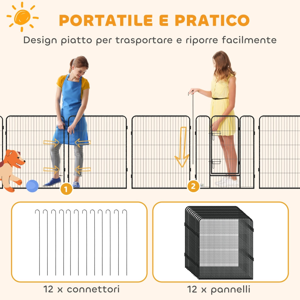 Recinto per Cani a 12 Pannelli Modulabili da 80x100 cm Pieghevole con Porta in Acciaio e 12 Picchetti Grigio