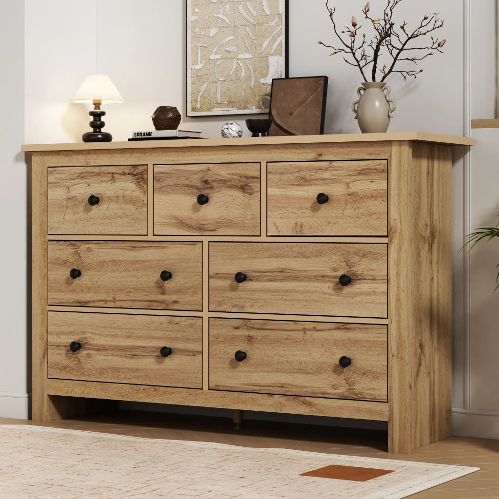 Credenza con 7 cassetti e piedino centrale regolabile - per cucina e soggiorno - 152x40x89 cm - color legno