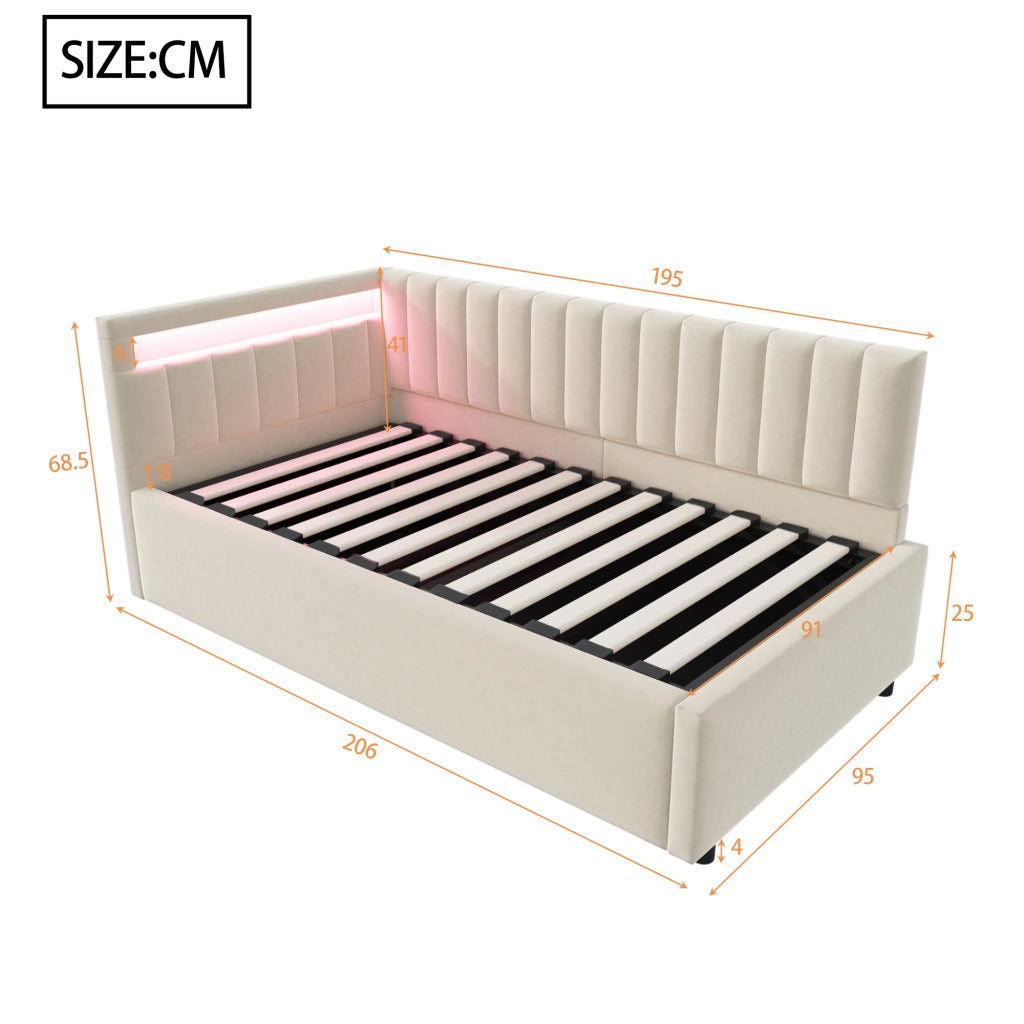 LETTO Contenitore 90x200 cm in velluto beige con LED